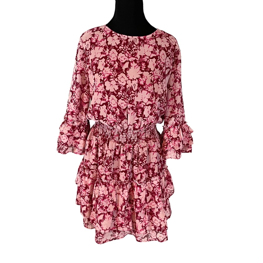 Coquette Pink Floral Tiered Ruffle‎ Mini Dress Smocked Waist Womens Med Romantic